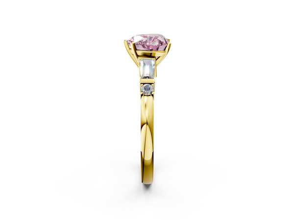 Yellow gold Fancy Pink Heart  Cut Diamond Ring with Baguette Side Stones, Channel Set Band, and Four-Prong Setting