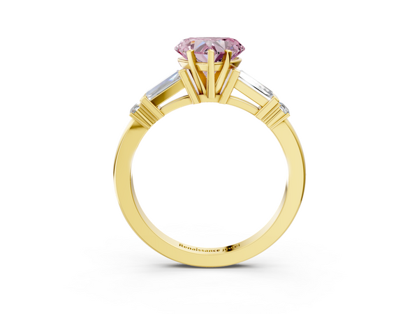Yellow gold Fancy Pink Heart  Cut Diamond Ring with Baguette Side Stones, Channel Set Band, and Four-Prong Setting