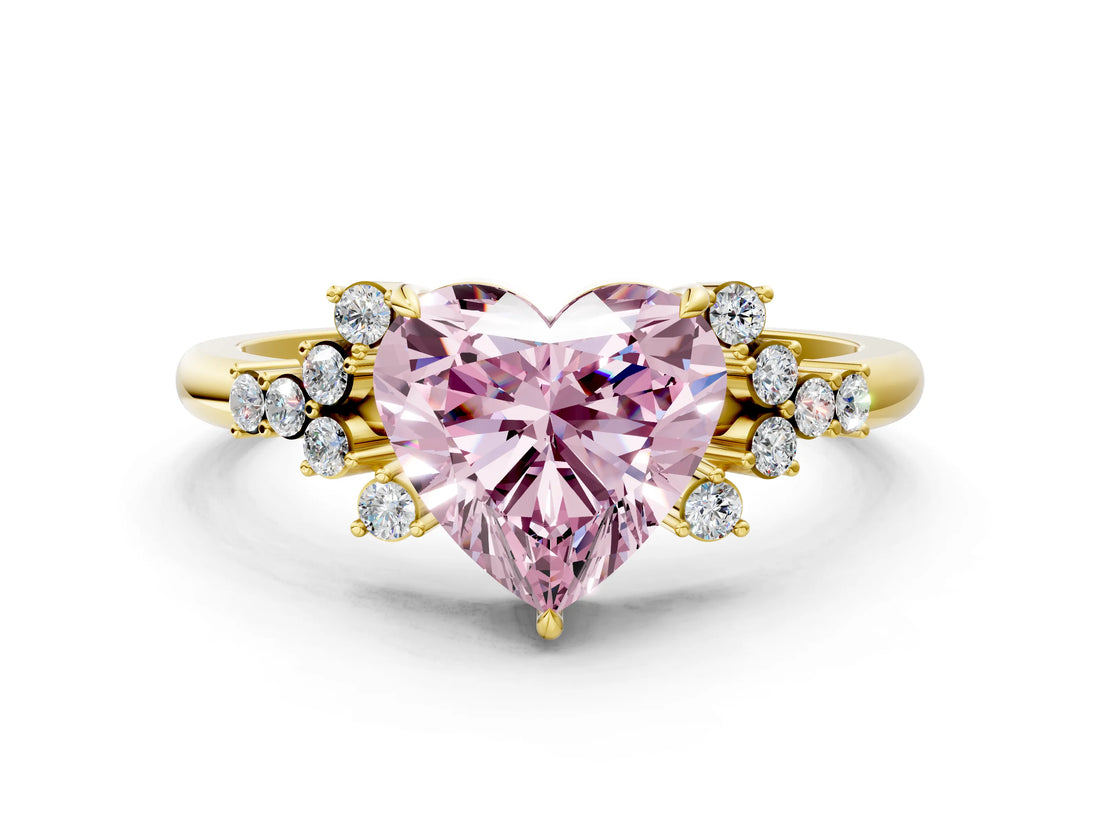 Yellow gold Fancy Pink Heart Cut Diamond Ring with Side Stones and Four-Prong Setting_108