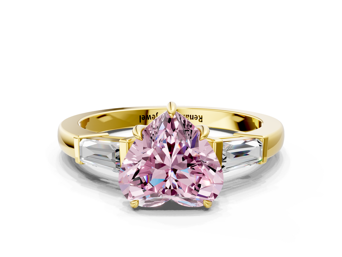 Yellow gold Fancy Pink Heart  Cut Diamond Ring with Tapered Baguette Side Stones in Four-Prong Setting_3