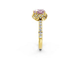 Yellow gold Fancy Pink Heart Cut Diamond Scalloped Halo Engagement Ring with Round Shared Prong Band_14