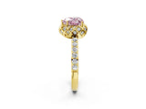 Yellow gold Fancy Pink Heart Cut Diamond Scalloped Halo Engagement Ring with Round Shared Prong Band_26
