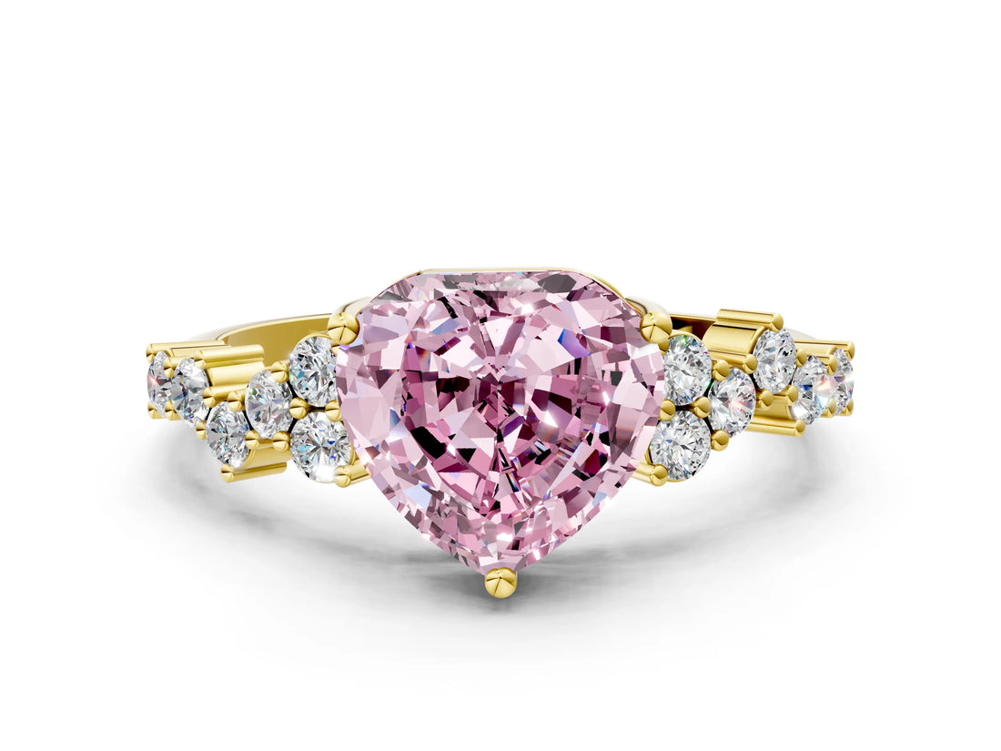 Yellow gold Fancy Pink Heart Cut Diamond Scattered Round Accent Ring with Prong Setting_12