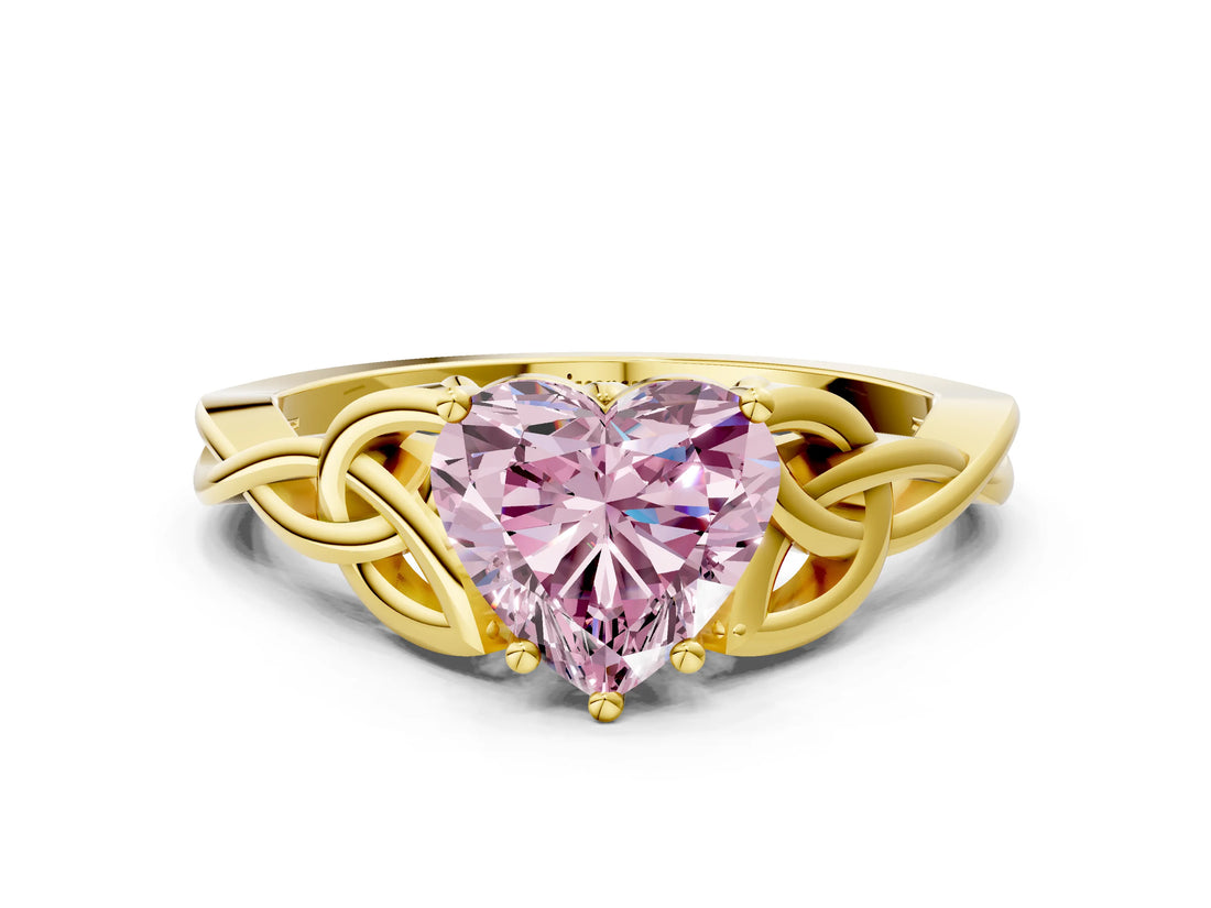 Yellow gold Fancy Pink Heart Cut Diamond Solitaire Celtic Knot Ring with Four-Prong Setting_73
