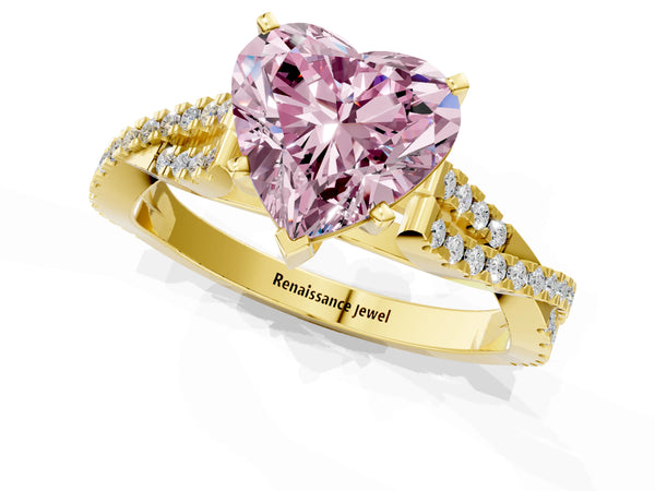Yellow gold Fancy Pink Heart Cut Diamond Solitaire Engagement Ring with Twisted Pavé Band and Four-Prong Setting