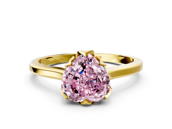 Yellow gold Fancy Pink Heart Cut Diamond Solitaire Ring with Flower Prong Setting and Classic Band