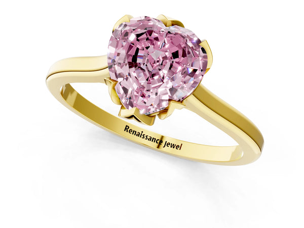 Yellow gold Fancy Pink Heart Cut Diamond Solitaire Ring with Flower Prong Setting and Classic Band