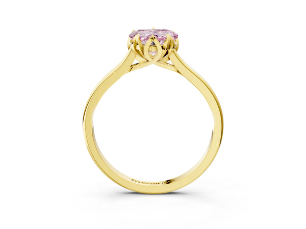 Yellow gold Fancy Pink Heart Cut Diamond Solitaire Ring with Flower Prong Setting and Classic Band
