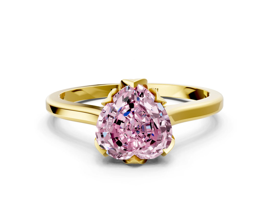 Yellow gold Fancy Pink Heart Cut Diamond Solitaire Ring with Flower Prong Setting and Classic Band_74