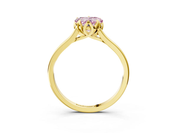Yellow gold Fancy Pink Heart Cut Diamond Solitaire Ring with Flower Prong Setting and Classic Band