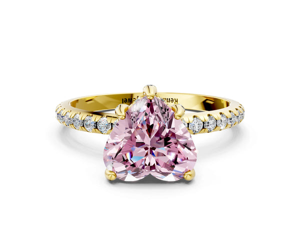 Yellow gold Fancy Pink Heart Cut Diamond Solitaire Ring with Four-Prong Setting and Pavé Band