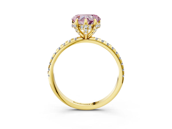 Yellow gold Fancy Pink Heart Cut Diamond Solitaire Ring with Four-Prong Setting and Pavé Band