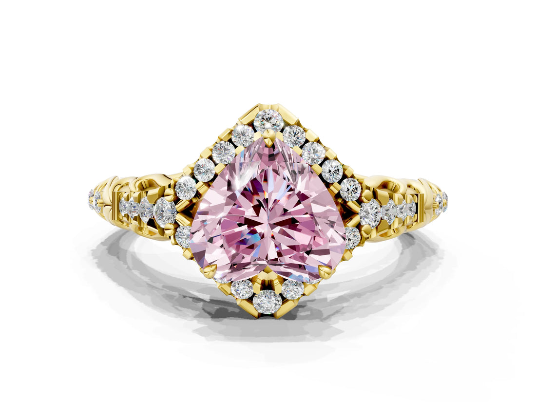 Yellow gold Fancy Pink Heart Cut Diamond Solitaire Ring with Hidden Halo and Pavé Band_27