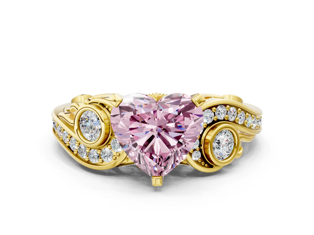 Yellow gold Fancy Pink Heart Cut Diamond Solitaire Ring with Milgrain Pavé Band and Four-Prong Setting_188