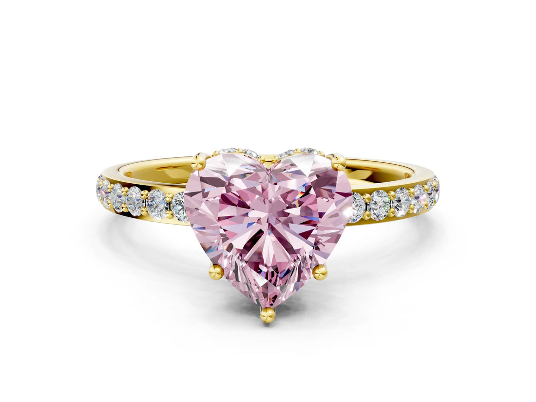 Yellow gold Fancy Pink Heart Cut Diamond Solitaire Ring with Pavé Band and Hidden Halo_68