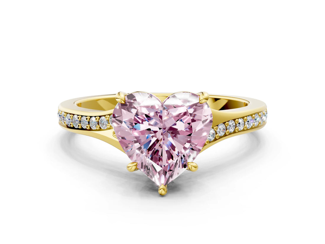 Yellow gold Fancy Pink Heart Cut Diamond Solitaire Ring with Pavé Band and Prong Setting_12