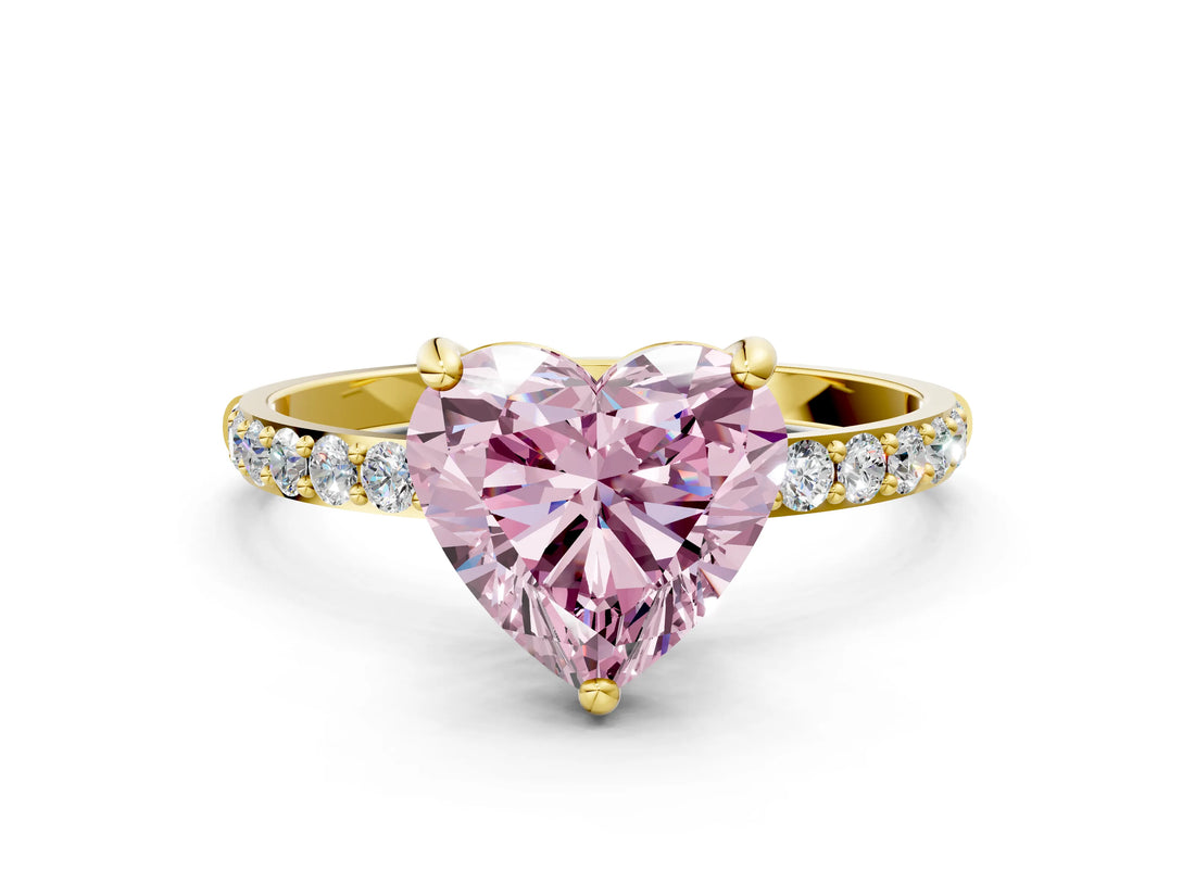 Yellow gold Fancy Pink Heart Cut Diamond Solitaire Ring with Pave Band and Four Prong Setting_87