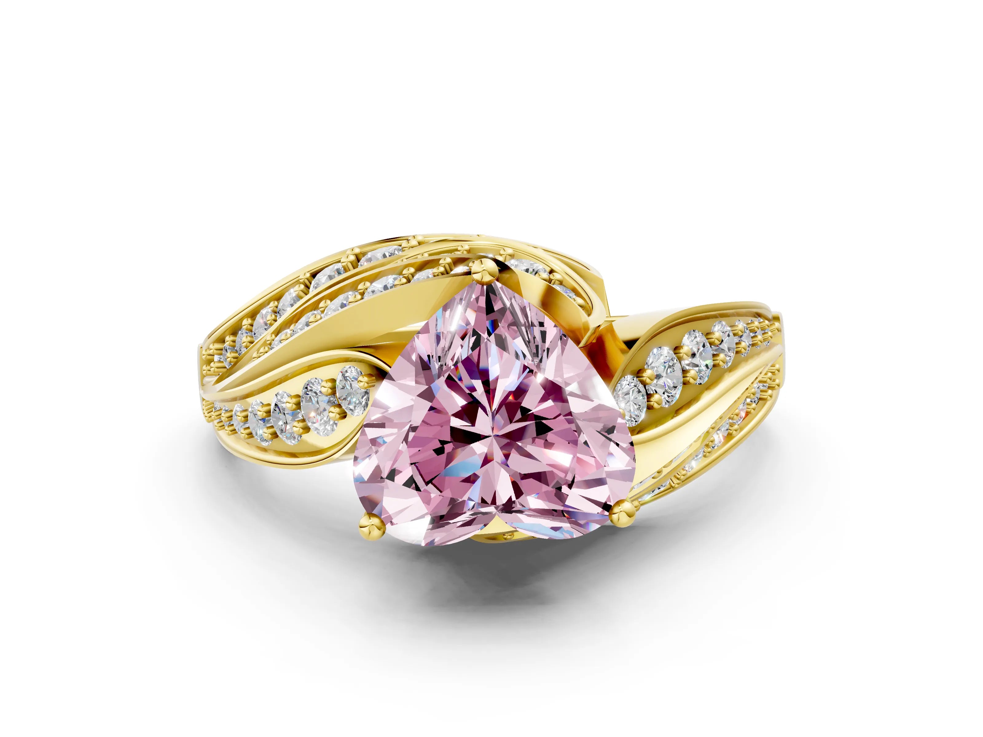 Yellow gold Fancy Pink Heart Cut Diamond Solitaire Ring with Prong Setting and Twisted Pavé Band