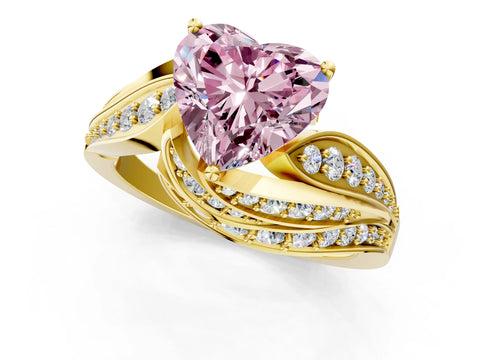 Yellow gold Fancy Pink Heart Cut Diamond Solitaire Ring with Prong Setting and Twisted Pavé Band_1