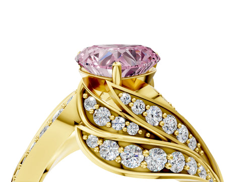Yellow gold Fancy Pink Heart Cut Diamond Solitaire Ring with Prong Setting and Twisted Pavé Band_4