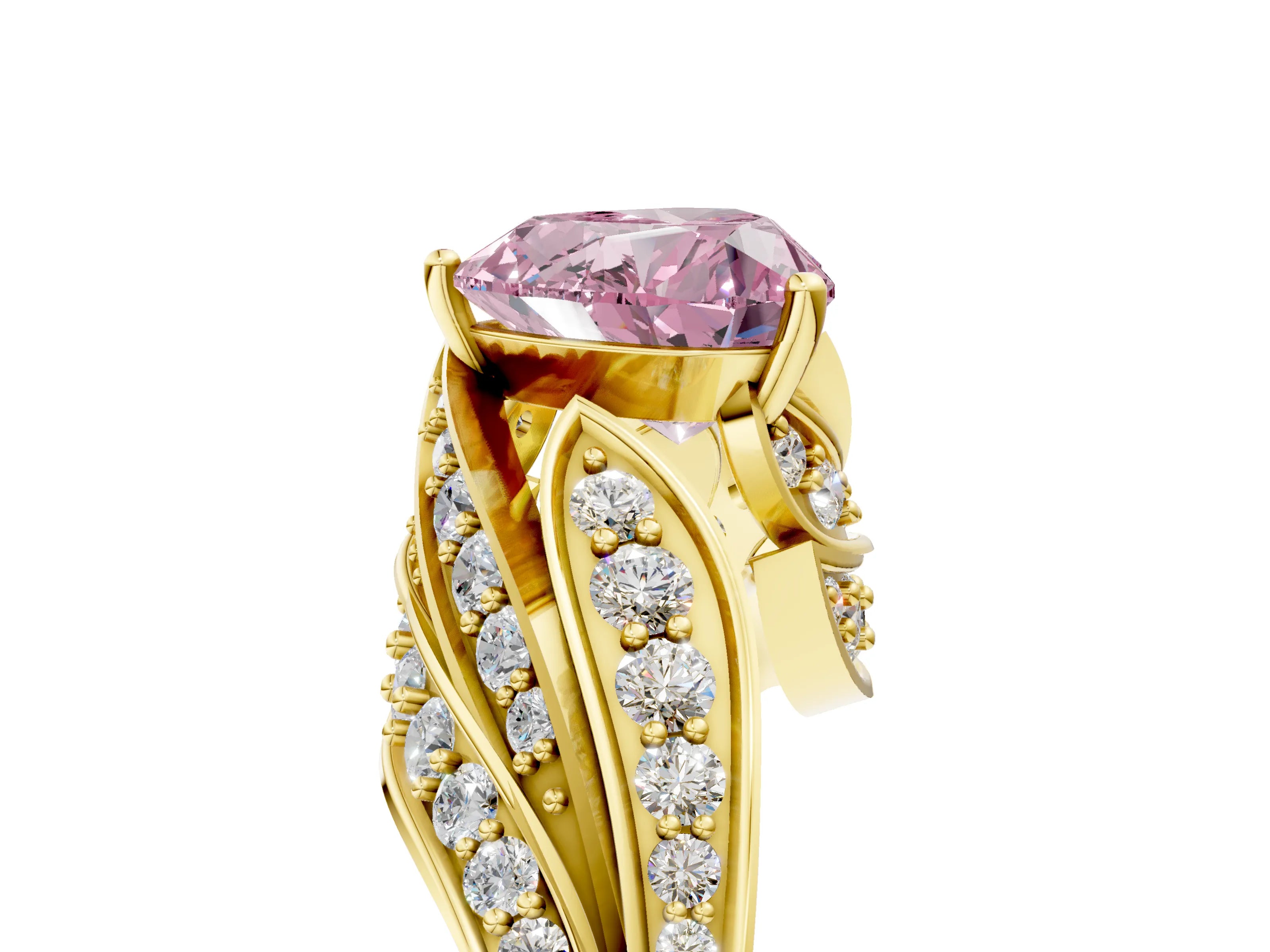 Yellow gold Fancy Pink Heart Cut Diamond Solitaire Ring with Prong Setting and Twisted Pavé Band_5