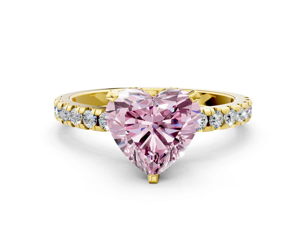 Yellow Gold Heart-Shaped Hidden Halo Solitaire Engagement Ring Setting for Fancy Pink Center with Single Row Pave Band