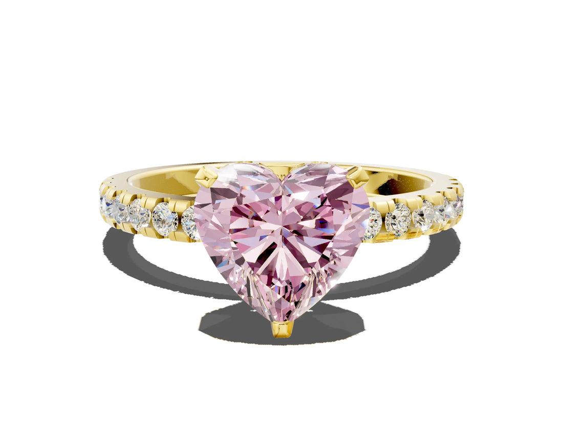 Yellow gold Fancy Pink Heart Cut Diamond Solitaire Ring with Round  Pavé Band and Four-Prong Setting_61