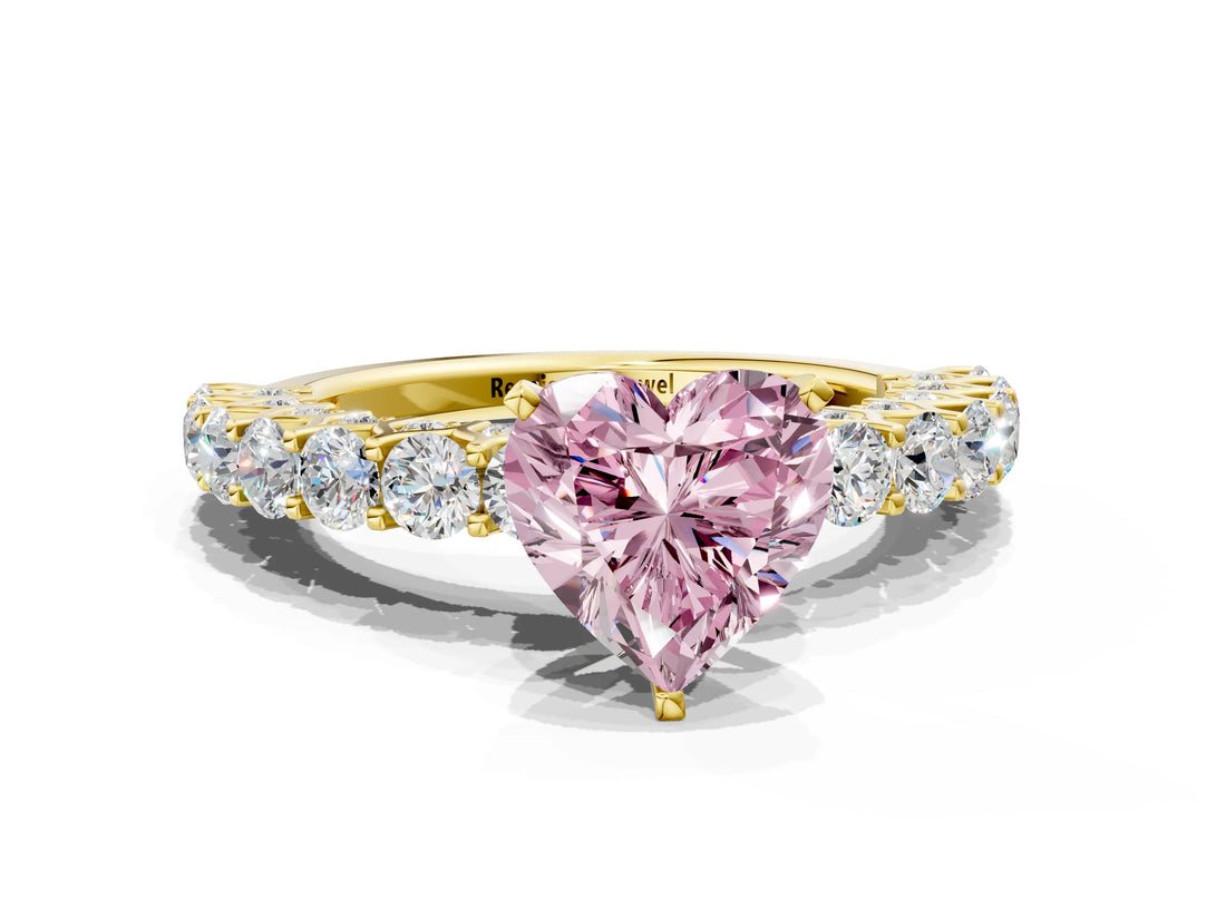Yellow gold Fancy Pink Heart Cut Diamond Solitaire Ring with Shared Prong Pavé Band and Four-Prong Setting_58