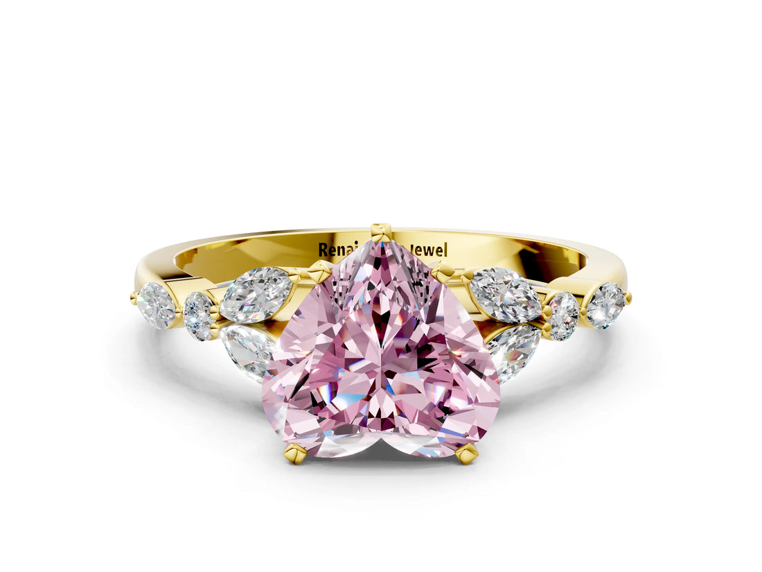 Yellow gold Fancy Pink Heart Cut Diamond Solitaire Ring with Side Stones and Four-Prong Setting_57
