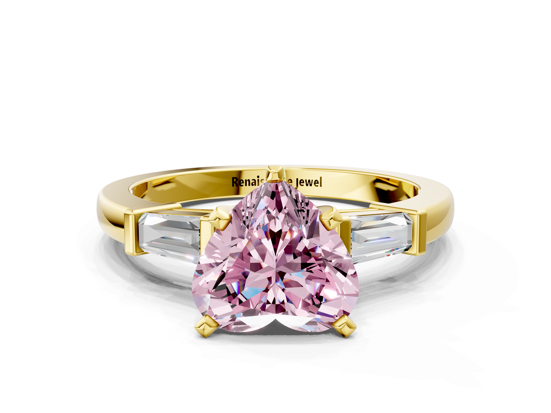 Yellow gold Fancy Pink Heart  Cut Diamond Solitaire Ring with Tapered Baguette Accents and Four-Prong Setting_63
