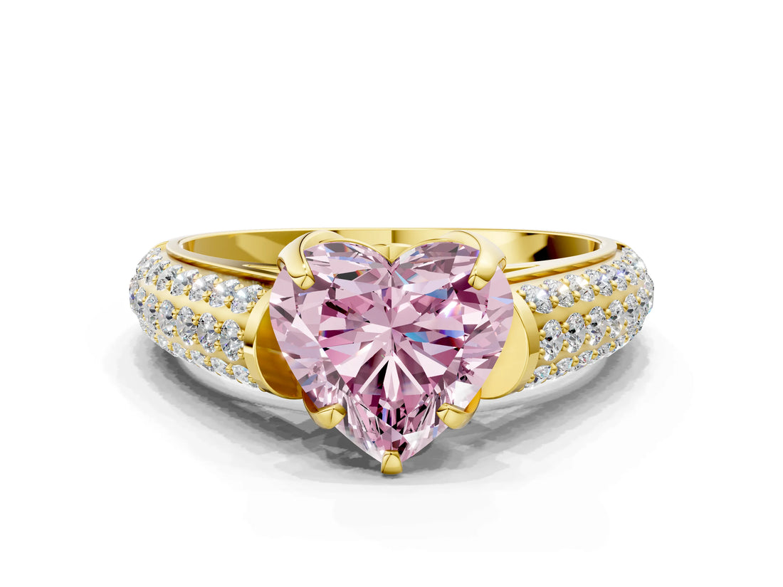 Yellow gold Fancy Pink Heart Cut Diamond Solitaire Ring with Three-Row Pavé Band and Four-Prong Setting_37