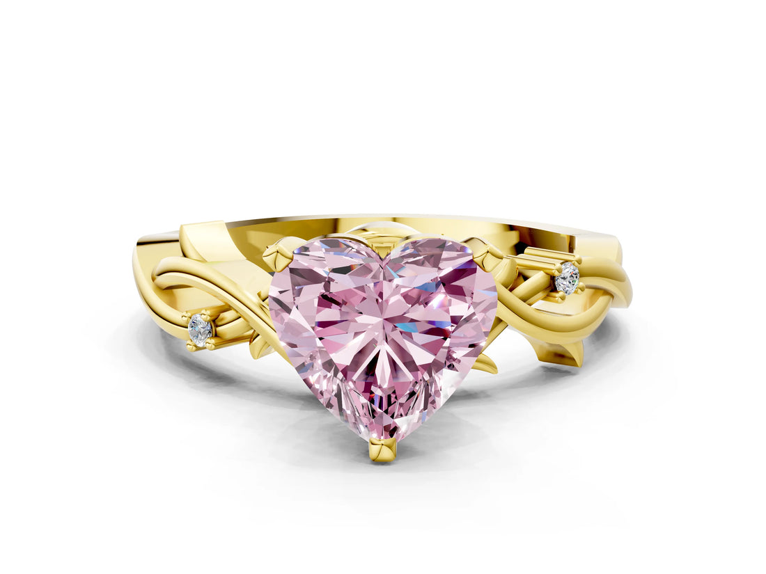 Yellow gold Fancy Pink Heart Cut Diamond Solitaire Ring with Twisted Band and Prong Setting_200
