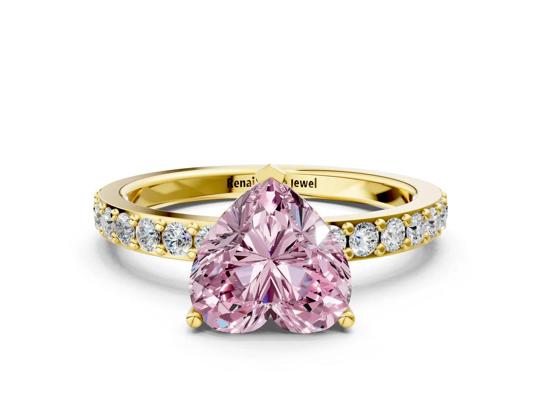 Yellow gold Fancy Pink Heart  Cut Diamond Solitaire with Pave Band and Four-Prong Setting 1