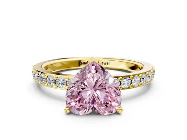 Yellow gold Fancy Pink Heart  Cut Diamond Solitaire with Pave Band and Four-Prong Setting