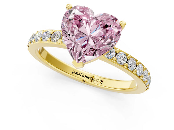 Yellow gold Fancy Pink Heart  Cut Diamond Solitaire with Pave Band and Four-Prong Setting