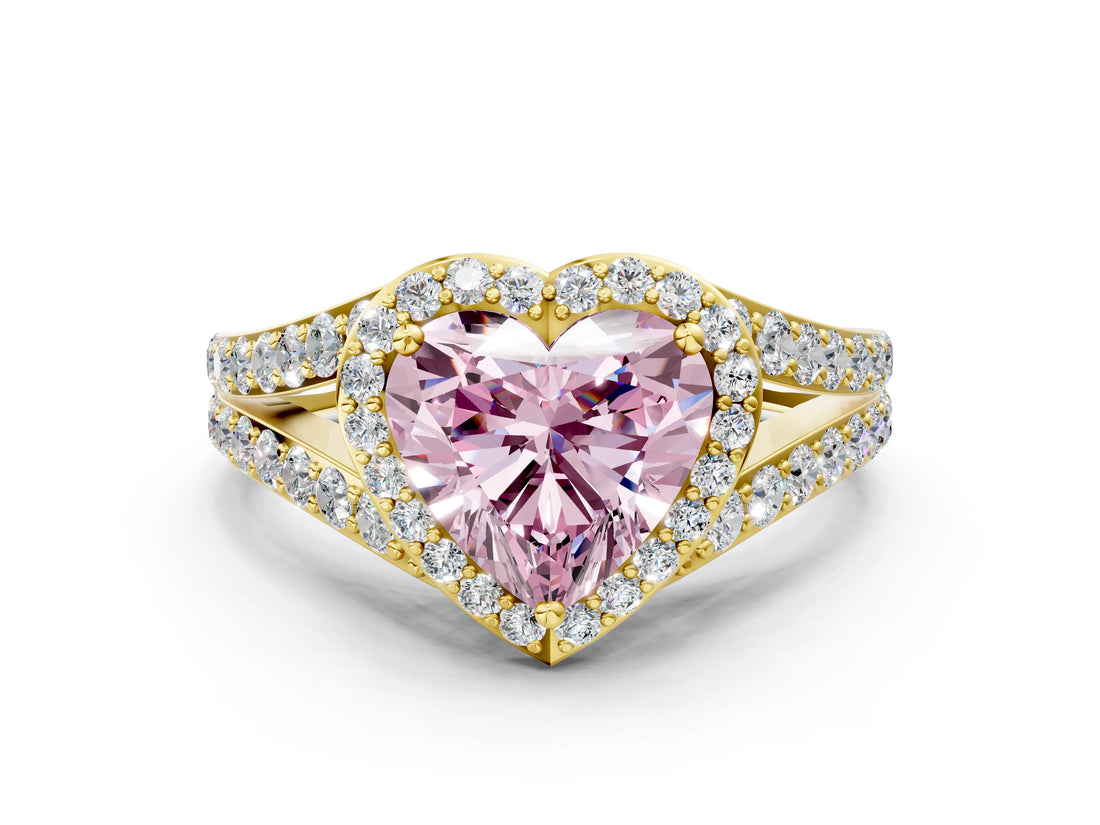 Yellow gold Fancy Pink Heart Cut Diamond Split Shank Halo Ring with Four-Prong Setting_58