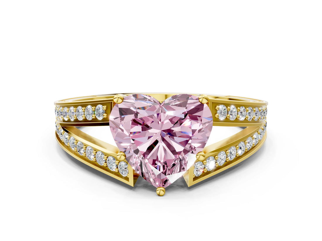 Yellow gold Fancy Pink Heart Cut Diamond Split Shank Ring with Pavé Band and Four-Prong Setting_58