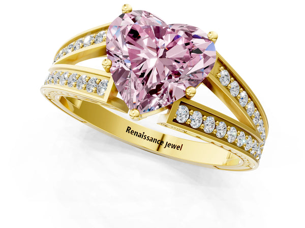 Yellow Gold Heart-Shaped Pave Split Shank Engagement Ring Setting for Fancy Pink Center