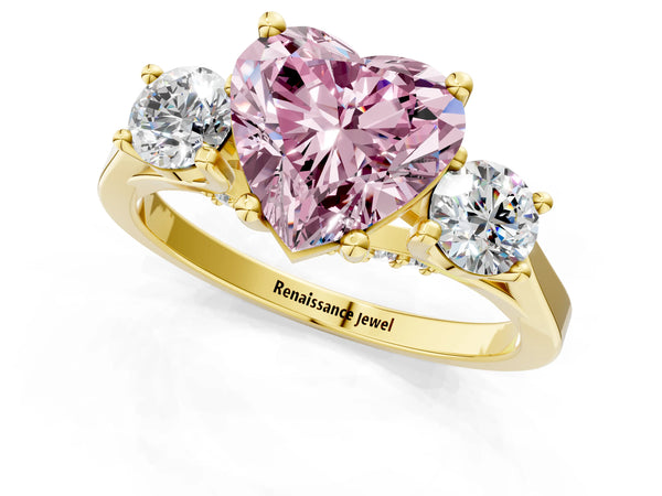 Yellow gold Fancy Pink Heart Cut Diamond Three-Stone Engagement Ring with Prong Setting and Pavé Band