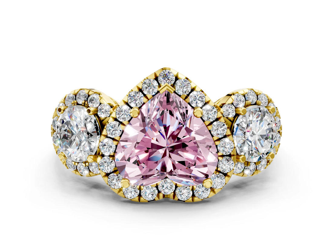 Yellow gold Fancy Pink Heart Cut Diamond Three-Stone Halo Ring with Prong Setting and Pavé Accents