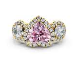 Yellow gold Fancy Pink Heart Cut Diamond Three-Stone Halo Ring with Prong Setting and Pavé Accents