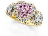 Yellow gold Fancy Pink Heart Cut Diamond Three-Stone Halo Ring with Prong Setting and Pavé Accents_1