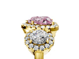 Yellow gold Fancy Pink Heart Cut Diamond Three-Stone Halo Ring with Prong Setting and Pavé Accents_5