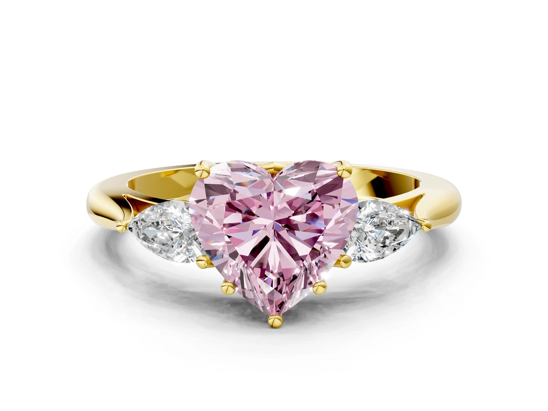 Yellow gold Fancy Pink Heart Cut Diamond Three-Stone Ring with Pear Side Stones and Four-Prong Setting_94