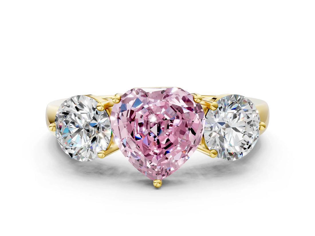 Yellow gold Fancy Pink Heart Cut Diamond Three-Stone Ring with Prong Setting and Classic Band_140