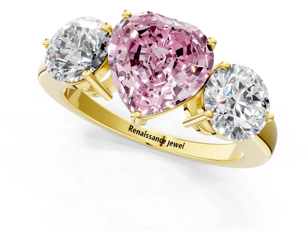 Yellow gold Fancy Pink Heart Cut Diamond Three-Stone Ring with Prong Setting and Classic Band