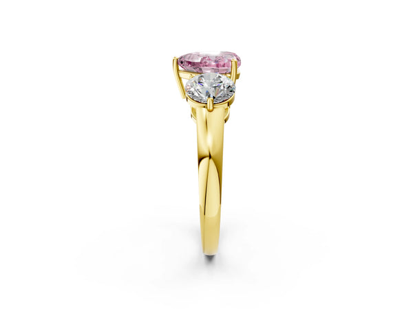 Yellow gold Fancy Pink Heart Cut Diamond Three-Stone Ring with Prong Setting and Classic Band