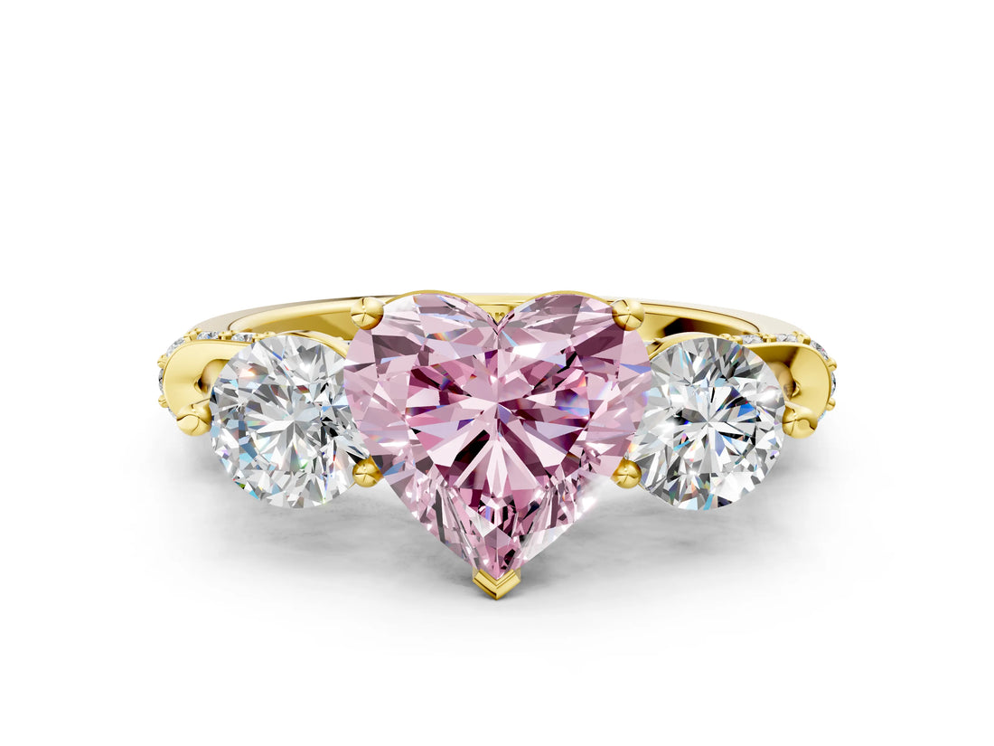 Yellow gold Fancy Pink Heart Cut Diamond Three-Stone Ring with Prong Setting and Pavé Band
