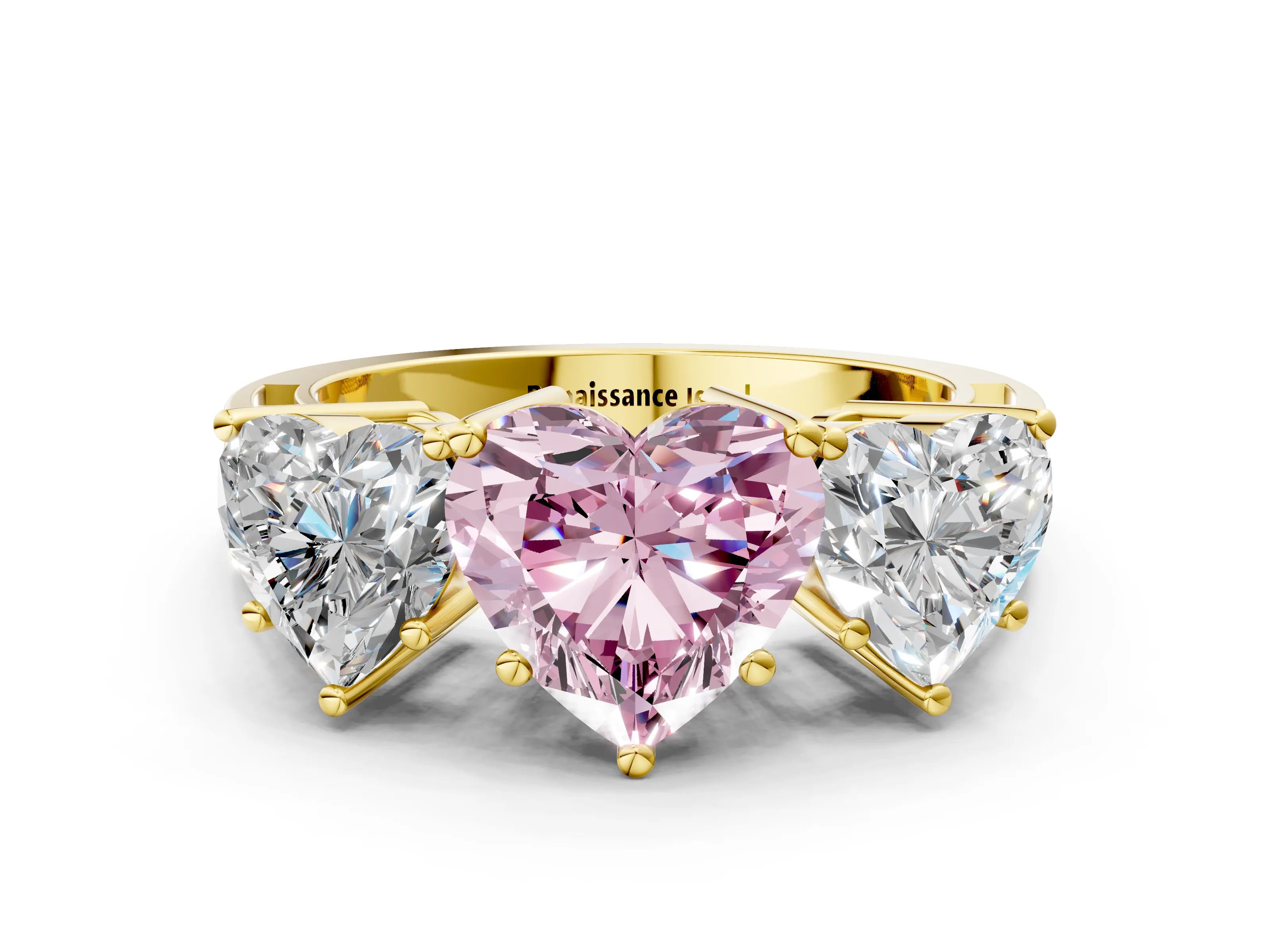 Yellow gold Fancy Pink Heart Cut Diamond Three-Stone Ring with Prong Setting and Textured Band