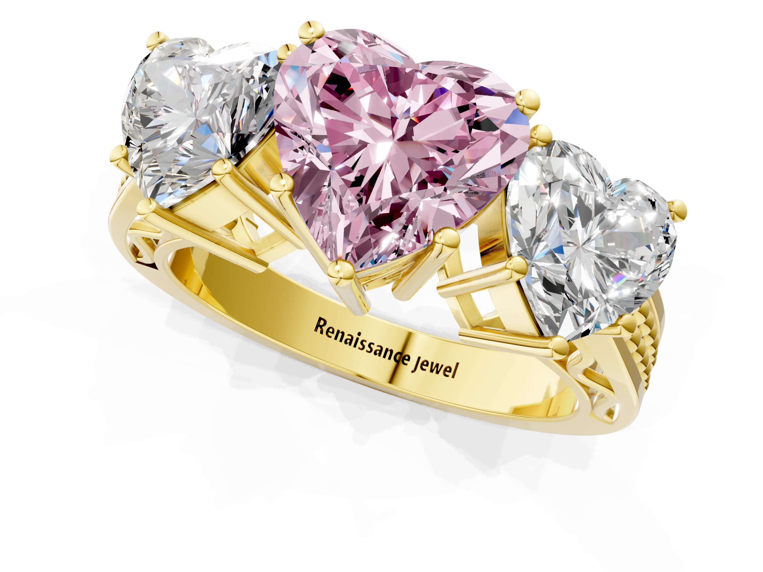 Yellow gold Fancy Pink Heart Cut Diamond Three-Stone Ring with Prong Setting and Textured Band_1